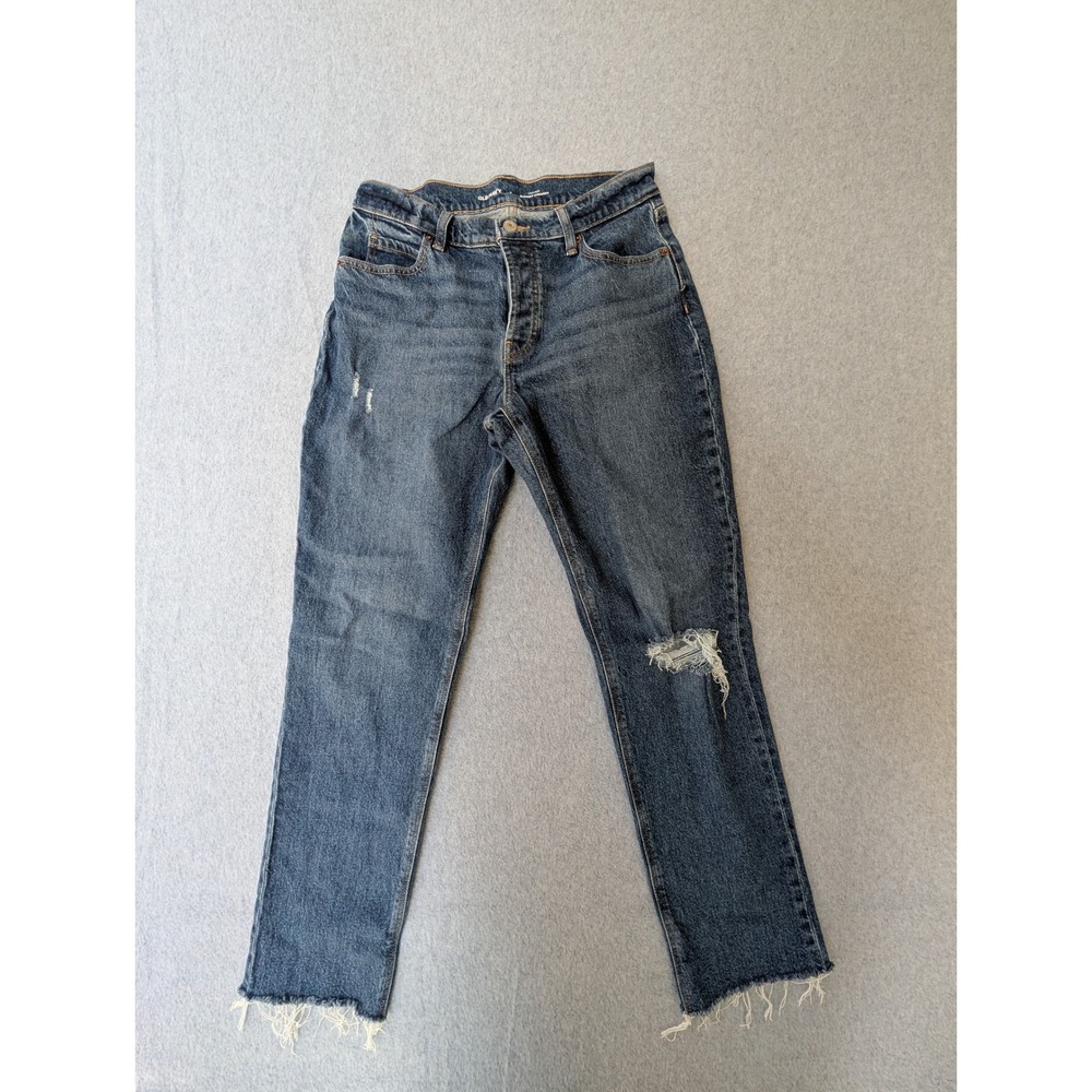 Old Navy High-Rise Slouchy Straight Distressed Jeans Blue Denim Raw Hem Size 2